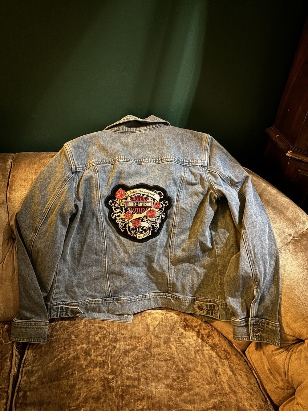 Christopher & Banks Stretch Denim Jacket M Harley-Davidson Rose Back Patch